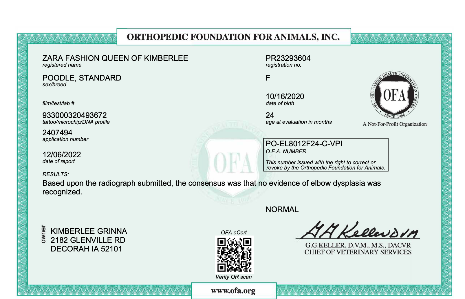 OFA elbow certification document showing health testing results for a 
Kimberlee's Kennels standard poodle adult 
