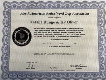 Police Work Dog Association certification from Kimberlee's Kennels
