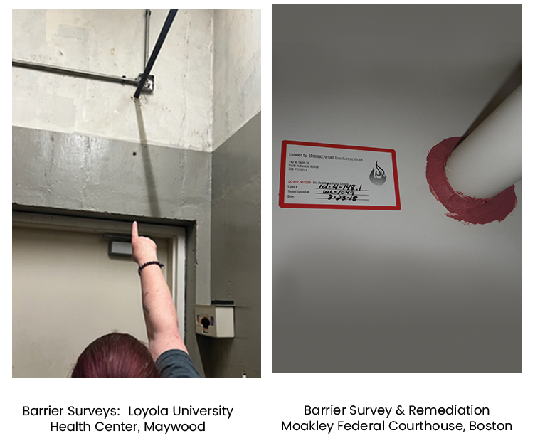 A woman is pointing at a hole in the wall.