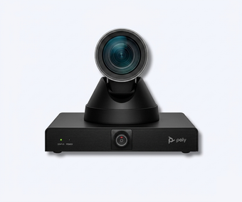 Cámara de videoconferencia negra con lente circular sobre una base contra un fondo blanco.
