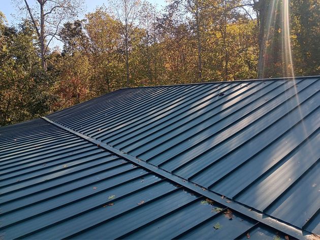 Blue metal roof with curved ridge lines, surrounded by autumn trees in sunlight