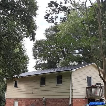 Small beige house with a dark roof and red foundation, surrounded by tall trees on an overcast day