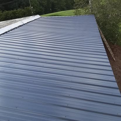 Blue metal roof on a building beside trees and grass