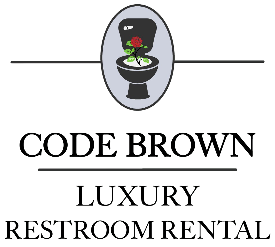 Logo for Code Brown Luxury Restroom Rental with a stylized toilet, flowers, and black text on white background