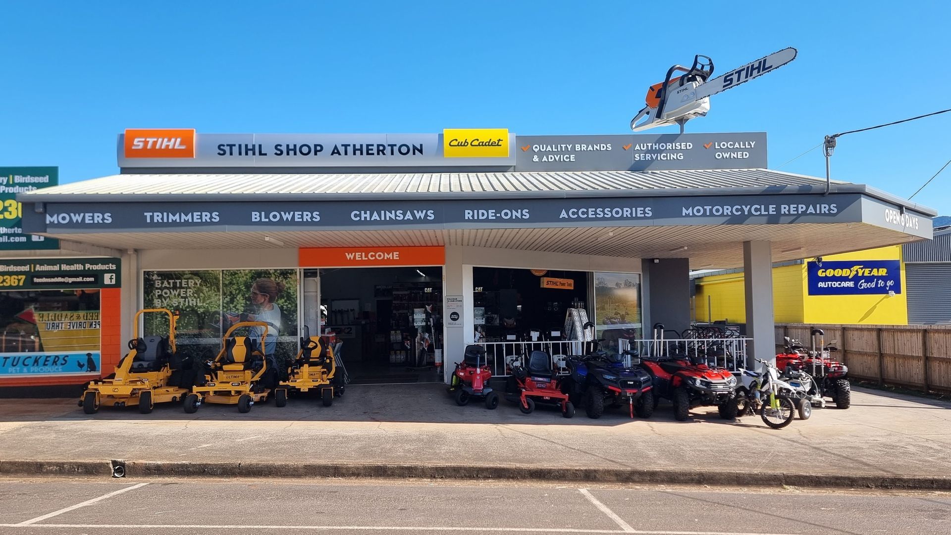 Stihl Shop Atherton Storefront With Lawn Mowers — Stihl Shop Atherton In Atherton, QLD