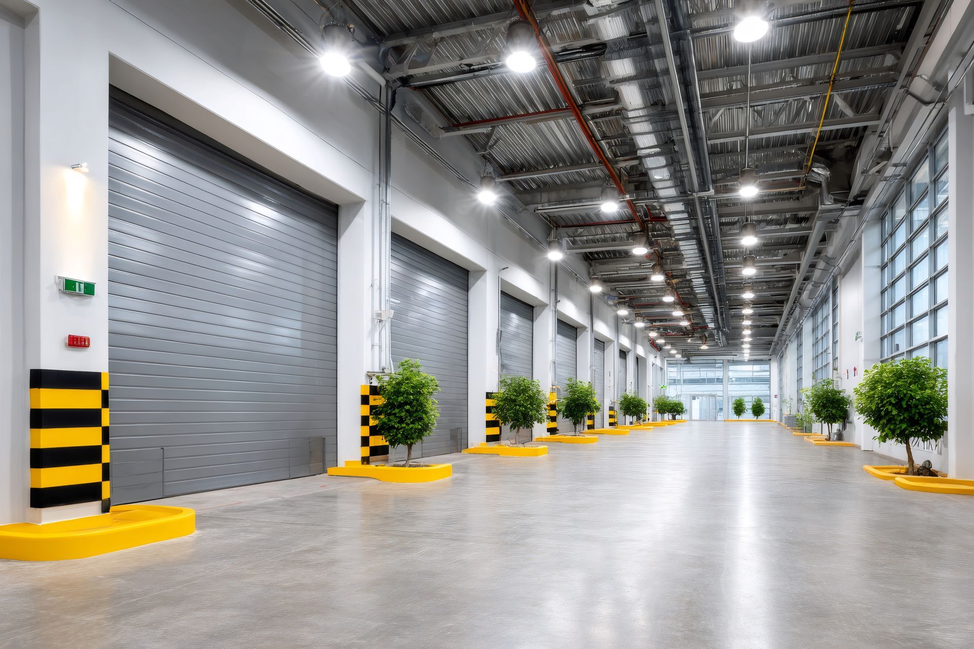 Modern warehouse loading dock with green plants inside.