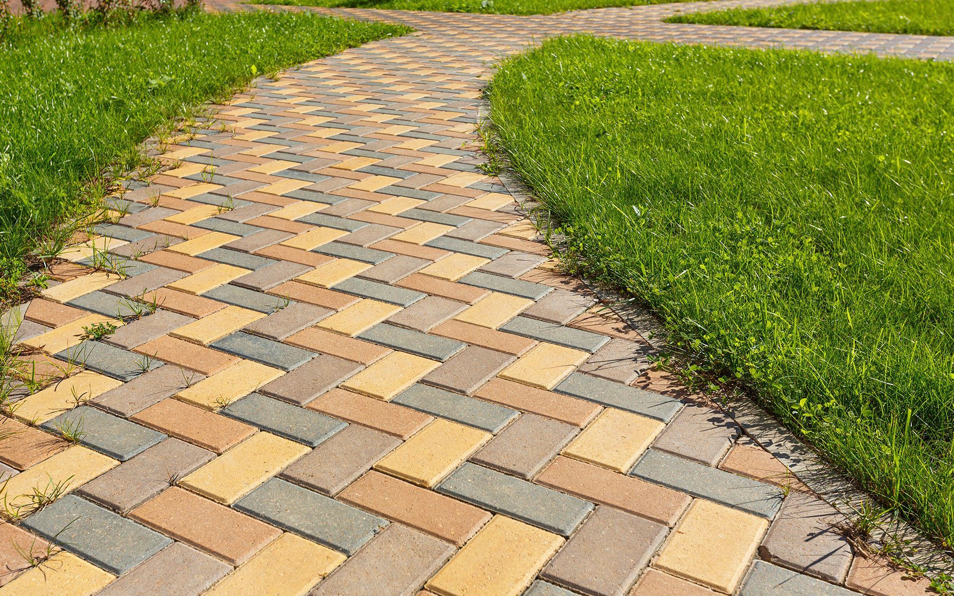 A brick walkway going through a grassy field.