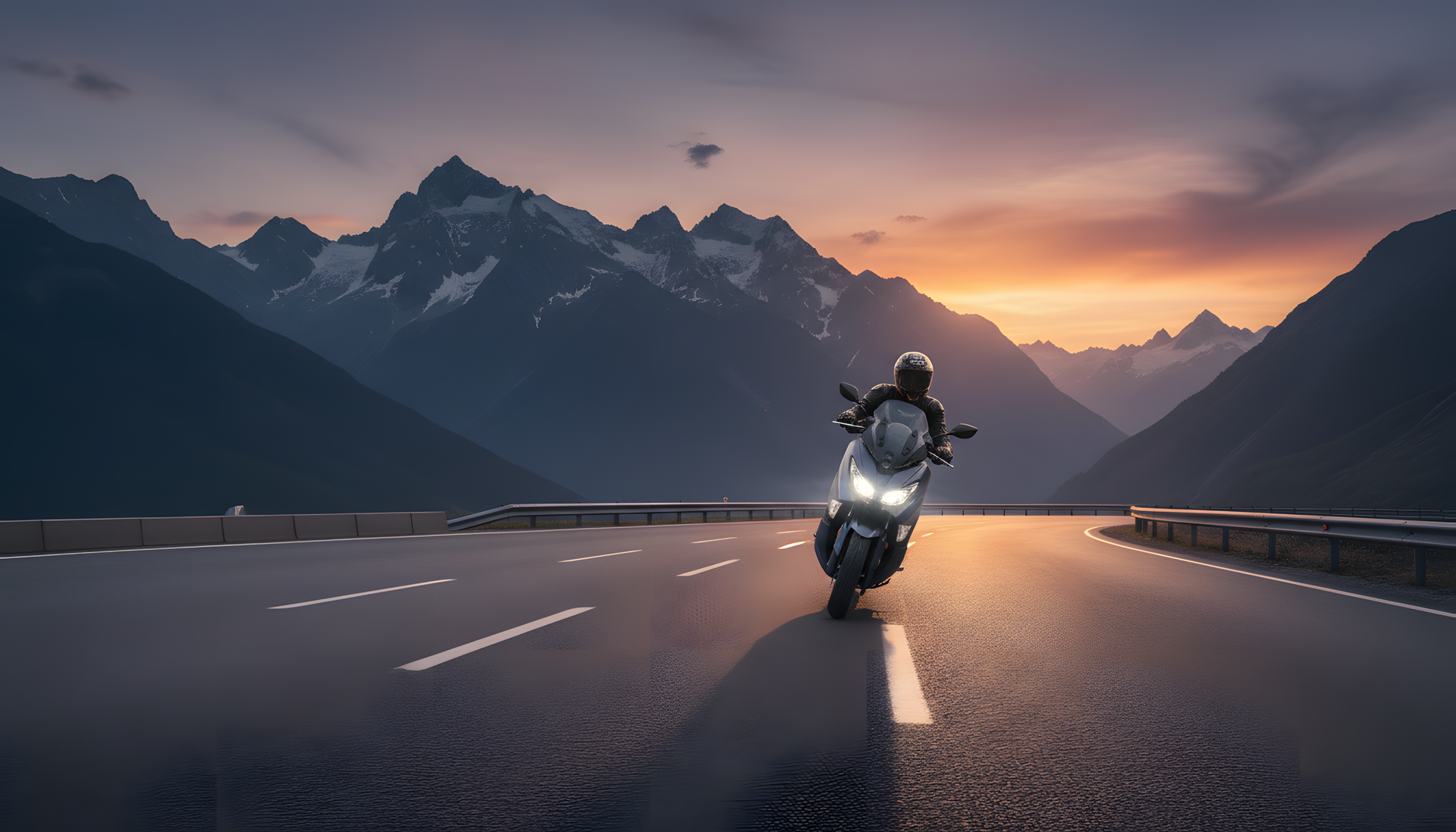 Um motociclista desce uma estrada asfaltada na montanha durante um pôr do sol deslumbrante.