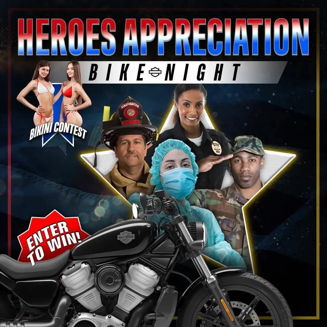 Heroes Appreciation Bike Night poster with motorcycle, masked people, and “Enter to win!” badge