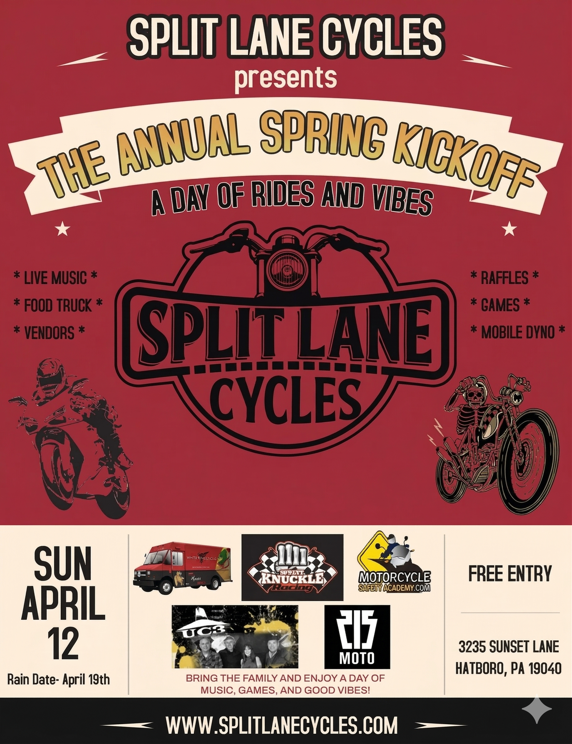 Event flyer for Split Lane Cycles' Annual Spring Kickoff on April 12, featuring motorcycle imagery and event details.