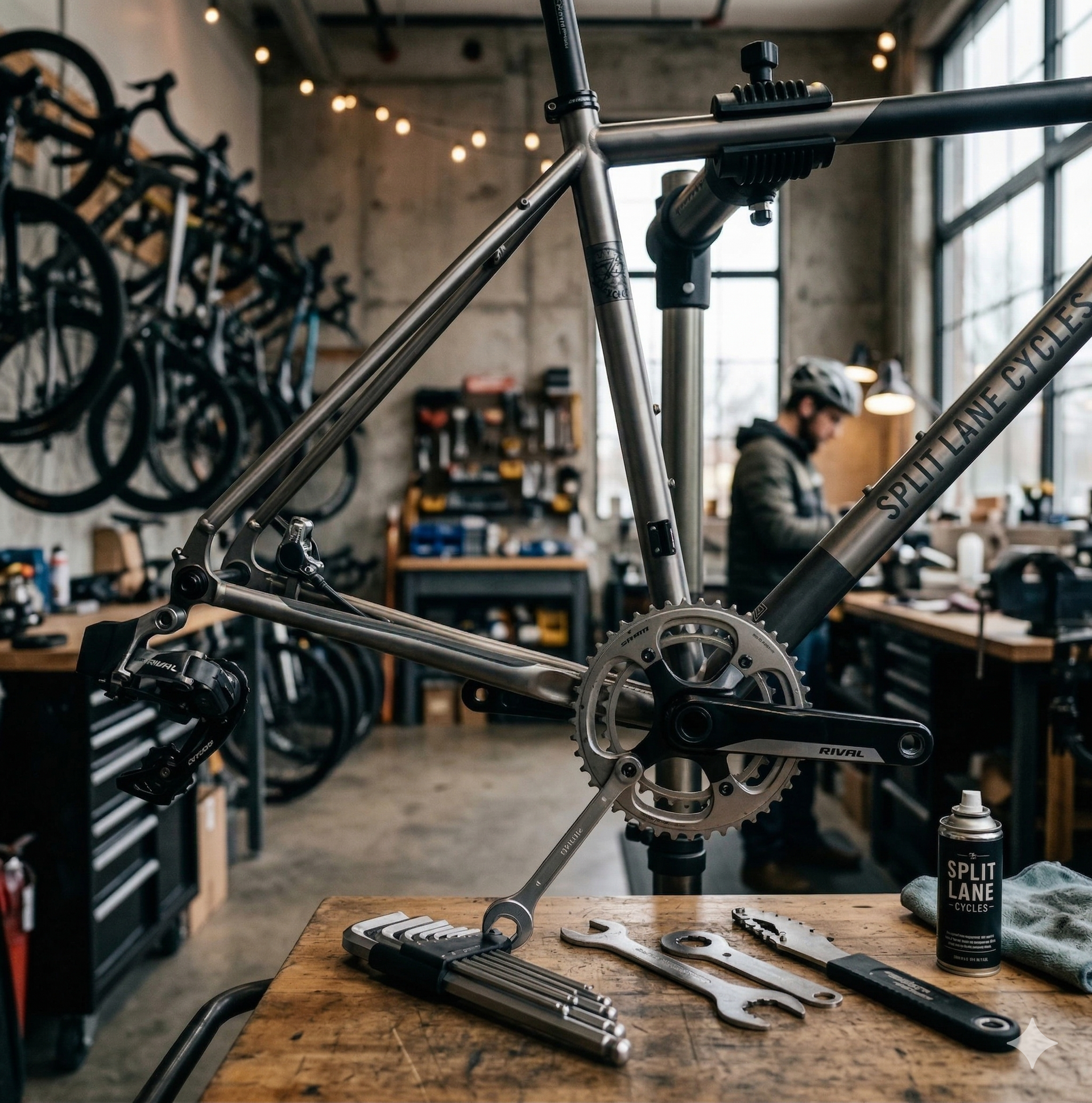Bicycle frame on a workbench in a bike shop, with tools and parts nearby.