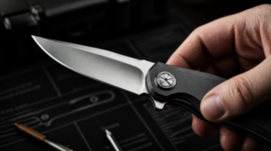 Hand holding a silver folding knife above a black case with other tools.
