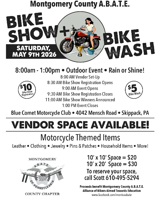 Motorcycle show flyer for Montgomery County A.B.A.T.E. with bike wash, vendors, and event details