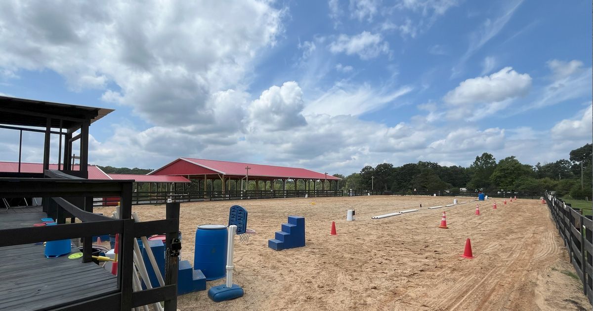 Horse arena with blue jumps, red roof, and sunny sky.