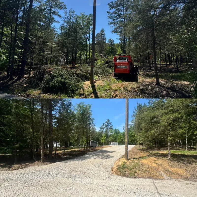 Before-and-after view of a wooded lot: cleared brush and a skid steer, followed by a finished gravel driveway.