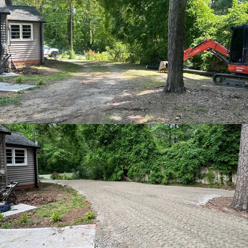 A before-and-after comparison of a driveway, showing dirt and heavy machinery replaced by a smooth, finished gravel surface.