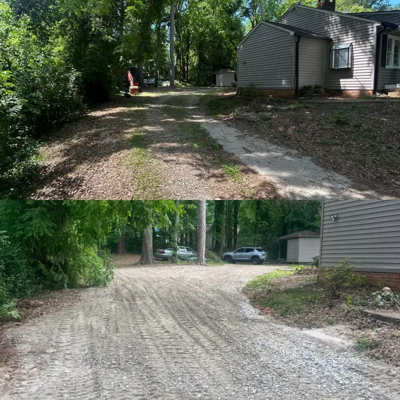 Before and after comparison of a dirt driveway renovated with a new gravel surface leading to a house.