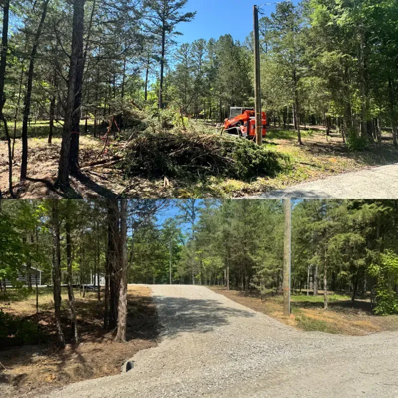 Before and after images of a forested lot cleared for a new gravel driveway, featuring an orange piece of machinery.
