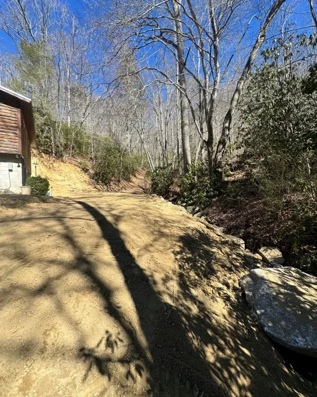 A dirt driveway leads past a house toward a forest under a bright blue sky.