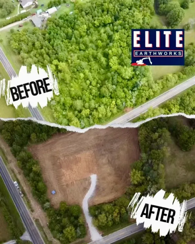Aerial view of land before and after clearing trees, featuring an Elite Earthworks logo.