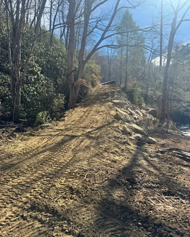 A dirt path with tire tracks leads uphill through a wooded area with exposed rocks and dense trees under a clear sky.