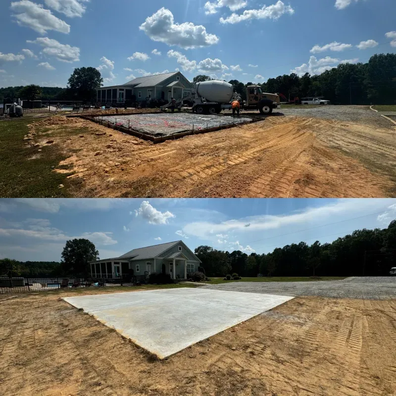 A two-part photo showing a concrete slab being poured next to a house and the finished, leveled concrete surface.