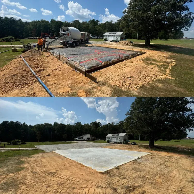 A split-view image showing a concrete slab being poured into a frame, then finished and leveled on a grassy lot.
