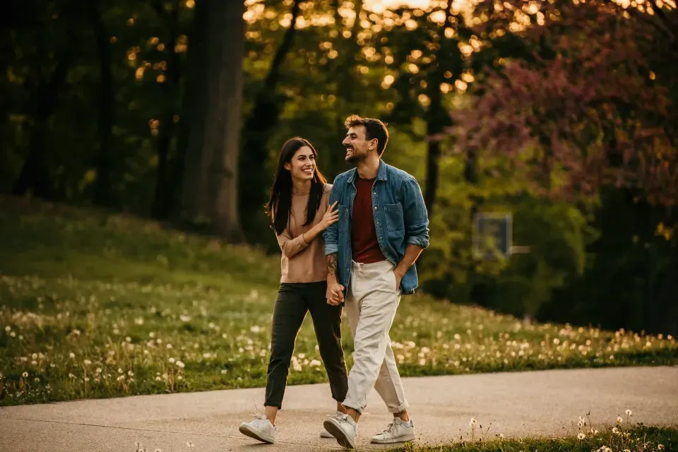 Pareja caminando de la mano en Bogotá, disfrutando un plan romántico de amor y amistad cerca de Vou Suites.