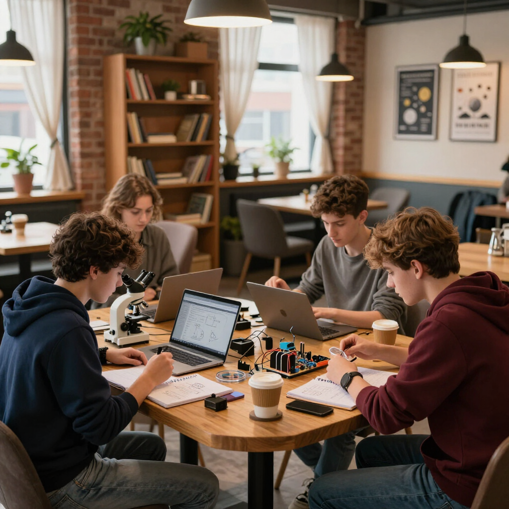 People collaborating around laptops and notebooks at a round table in a cozy study room