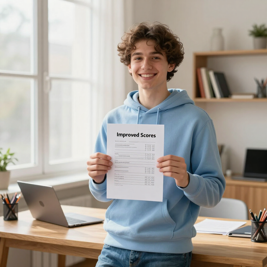 Smiling person in a blue hoodie holding an improved scores sheet at a desk in a bright office