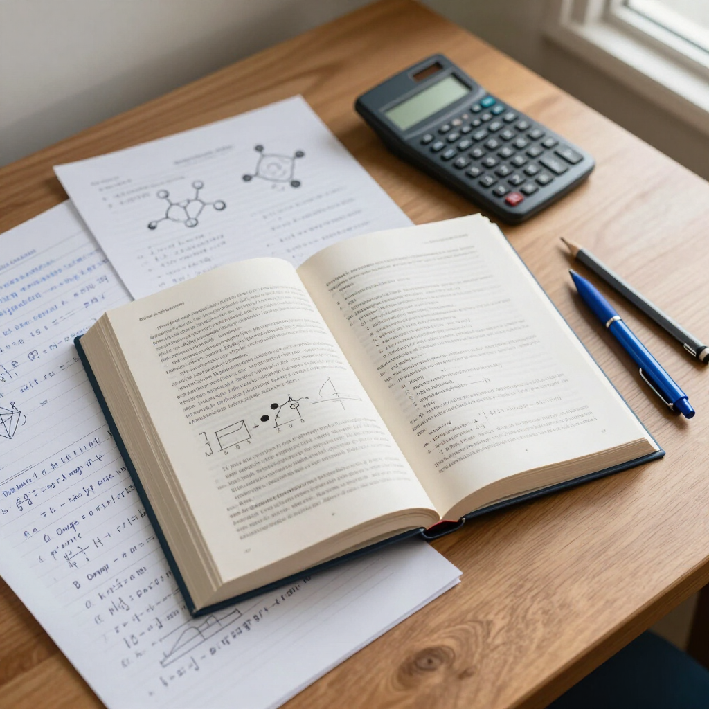 Open math workbook on a wooden desk with calculator, pens, and chemistry notes.