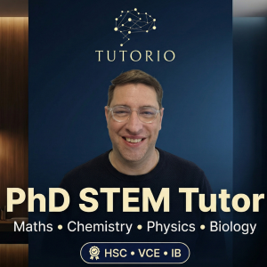 Tutorio promo graphic with a smiling Dr Wotherspoon “PhD STEM Tutor,” and Maths, Chemistry, Physics, Biology listed