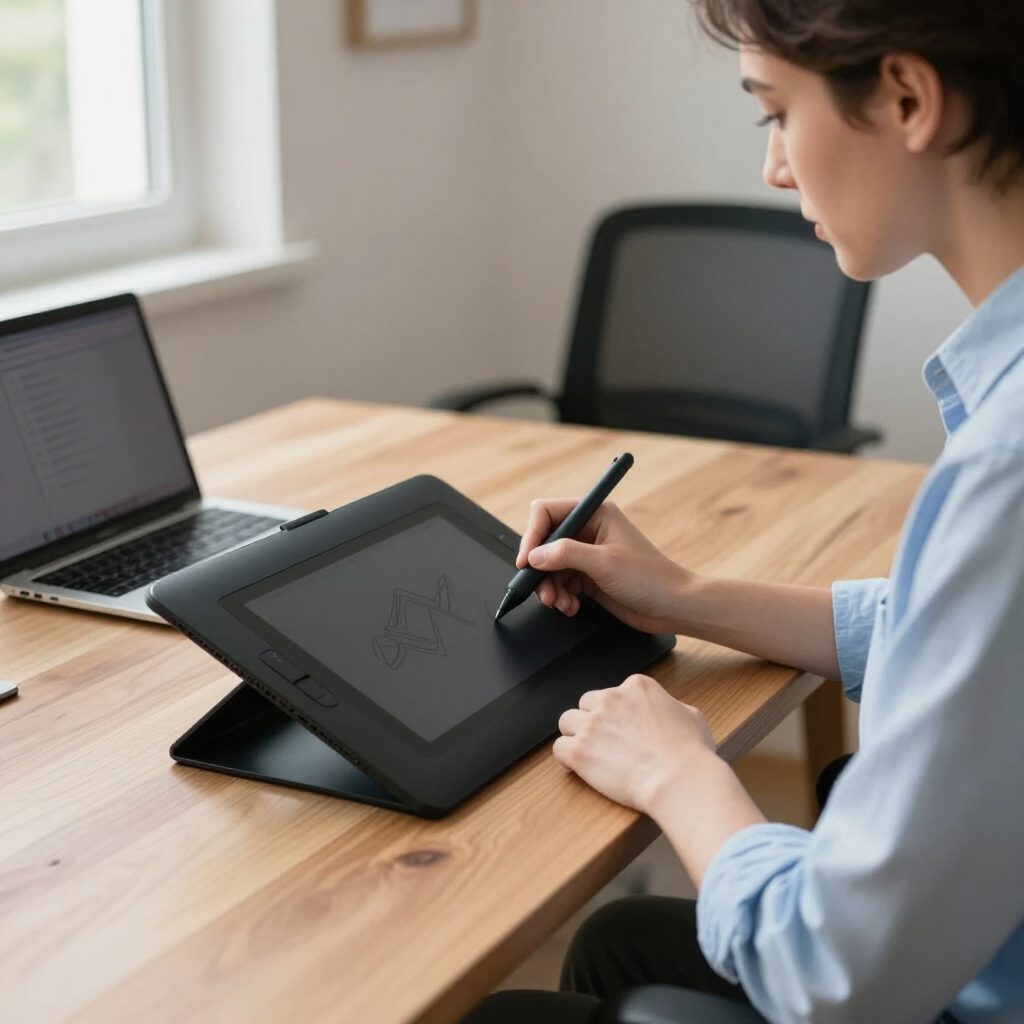 Person using a stylus on a drawing tablet at a wooden desk beside an open laptop