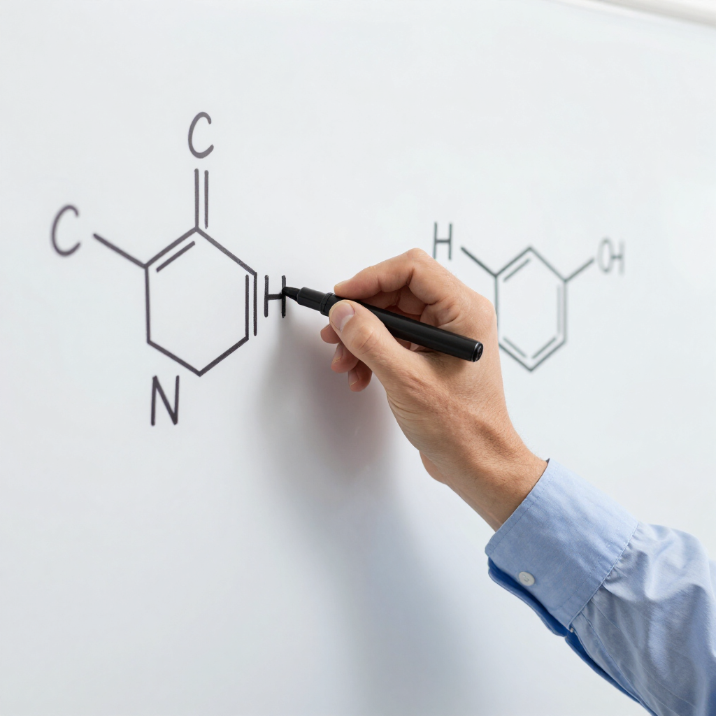 Hand drawing a chemical structure on a whiteboard with a marker