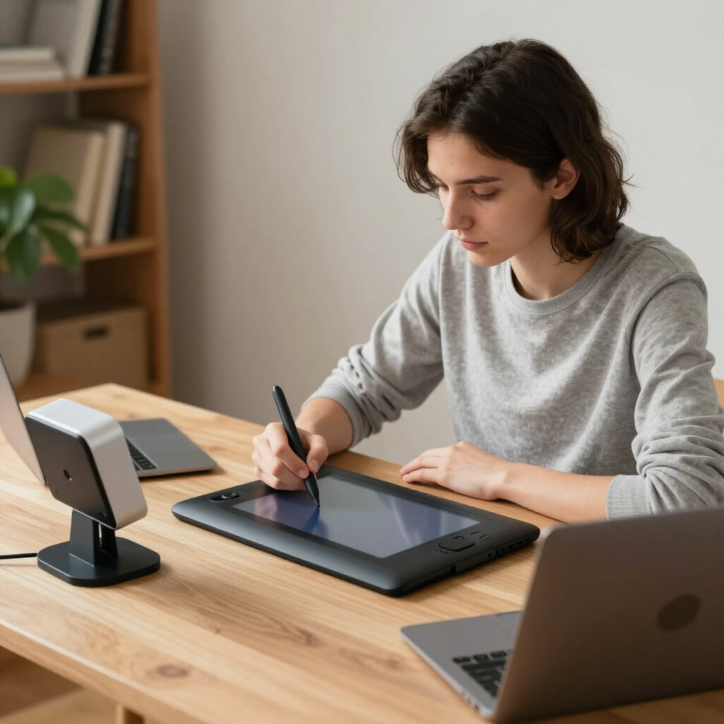Person drawing on a digital tablet at a wooden desk with a laptop and monitor nearby