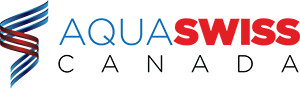 Un logo pour aquaswiss canada avec un tourbillon bleu et rouge.