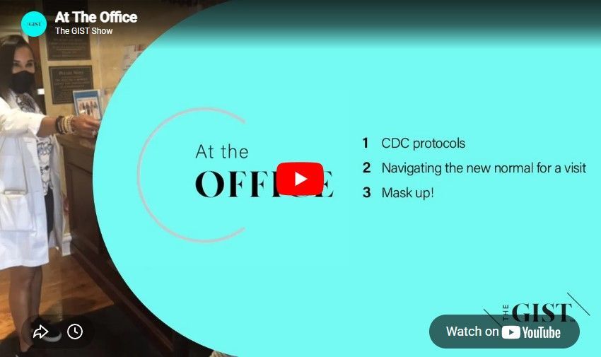 A video thumbnail shows a person in a lab coat and mask at an office desk. Text lists CDC protocols and mask requirements.