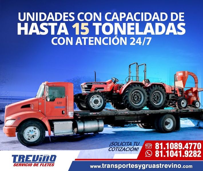 Camión rojo que transporta un tractor, con texto que promociona capacidad de 15 toneladas y servicio 24 horas al día, 7 días a la semana.