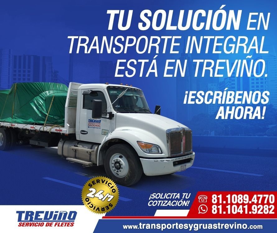 Camión blanco con lona verde. Texto:
