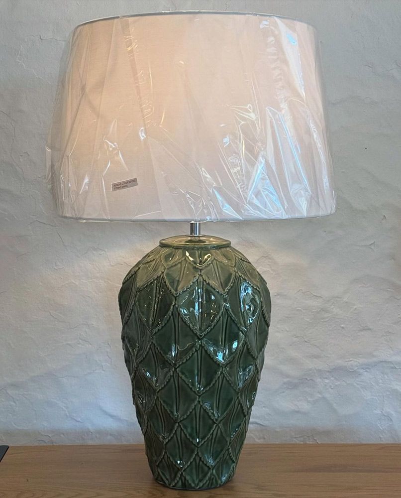Green Ceramic Table Lamp With White Lampshade — Brightway Lighting in Lismore, NSW