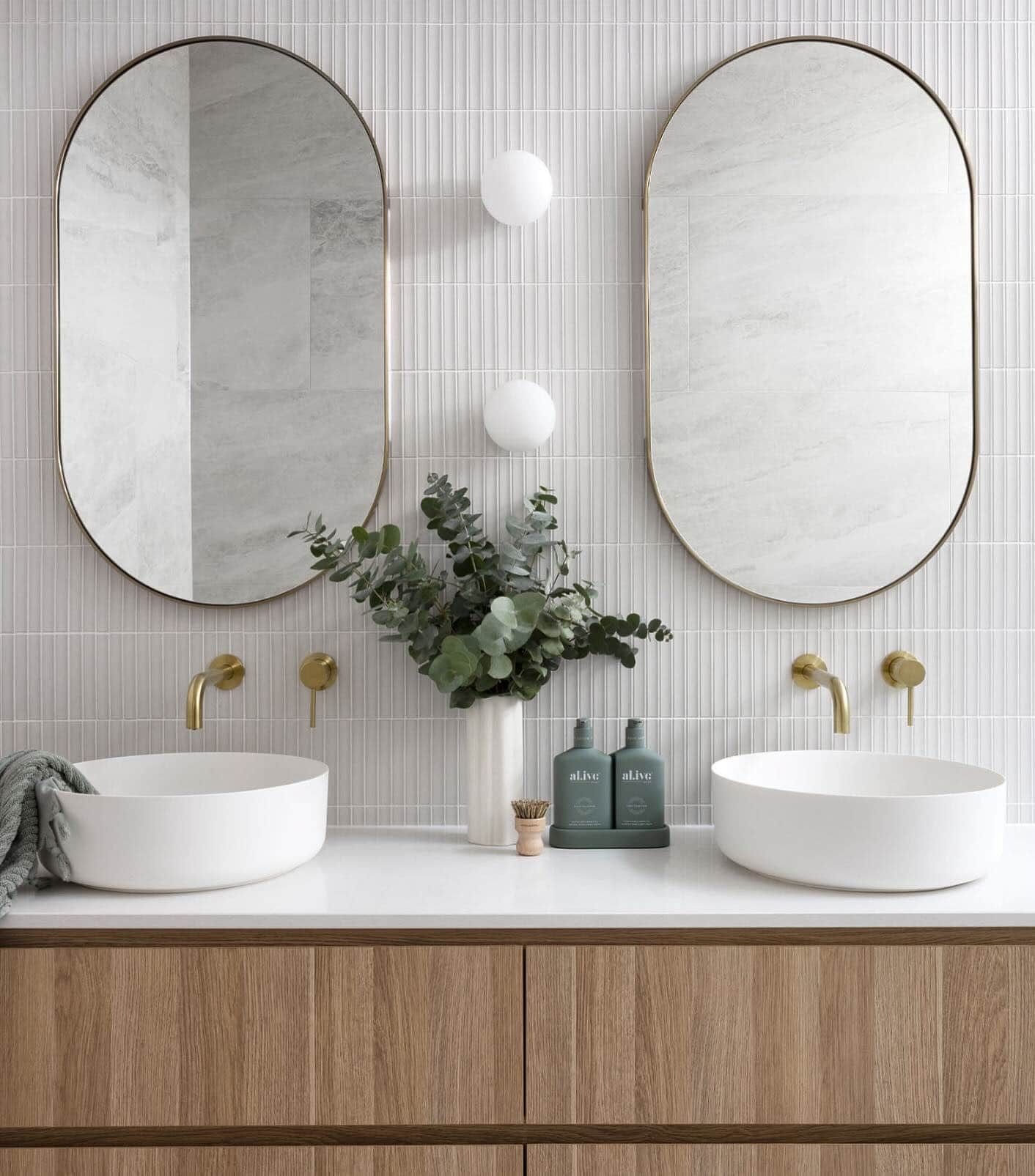 A Bathroom With Two Sinks and Two Mirrors — Brightway Lighting in Lismore, NSW