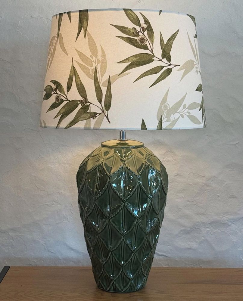Green Ceramic Lamp With Leafy Lampshade — Brightway Lighting in Lismore, NSW