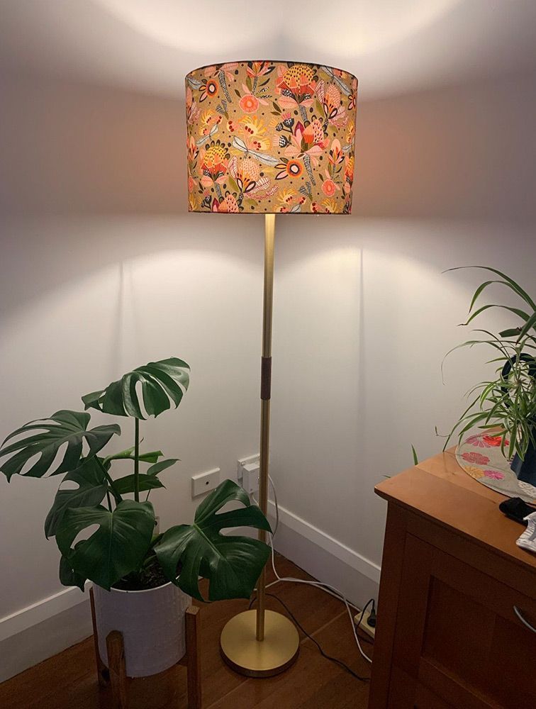 A Floor Lamp With A Floral Lampshade — Brightway Lighting in Lismore, NSW