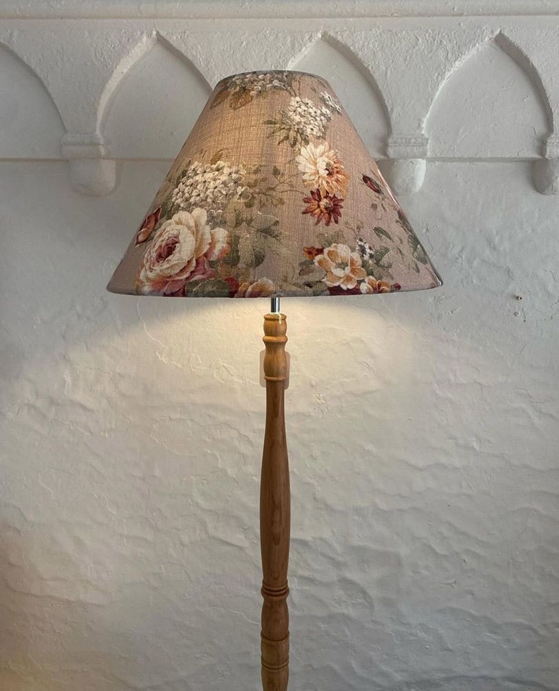 Floor Lamp With Floral Shade, Light Wood Stand — Brightway Lighting in Lismore, NSW