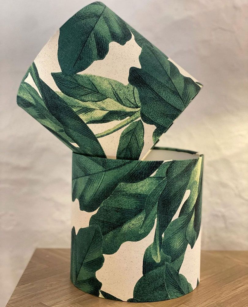 Two Cylindrical Lampshades With A Green Leaf Pattern — Brightway Lighting in Lismore, NSW