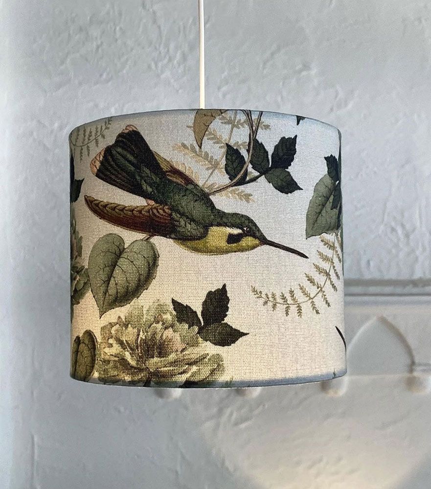 Cylindrical Lampshade With A Hummingbird And Botanical Design — Brightway Lighting in Lismore, NSW