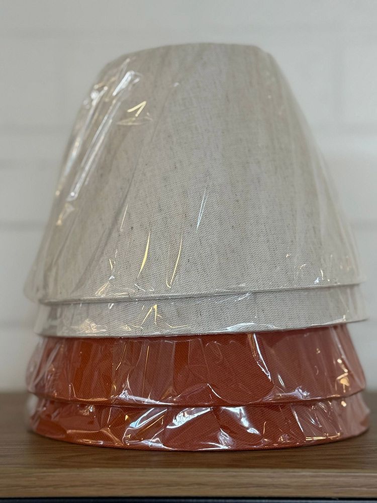 Three Stacked Lamp Shades, Two Tan And One Orange — Brightway Lighting in Lismore, NSW