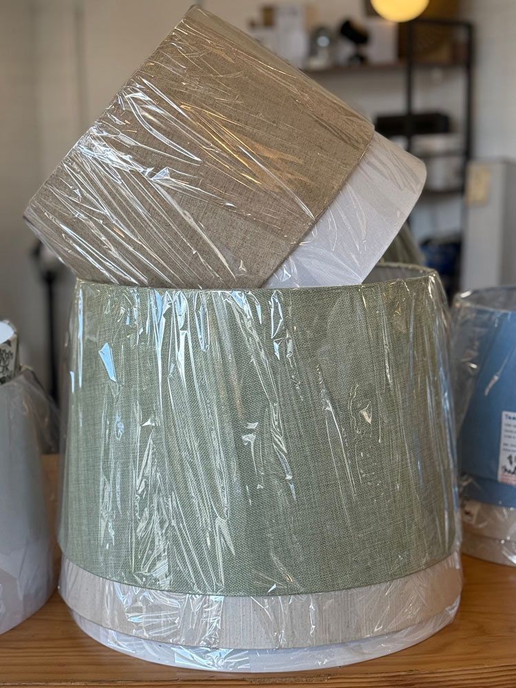 Two Wrapped Lampshades, One Green, One Beige — Brightway Lighting in Lismore, NSW