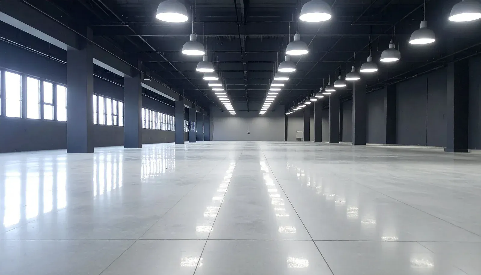 Empty modern warehouse with glossy white floor and rows of overhead lights