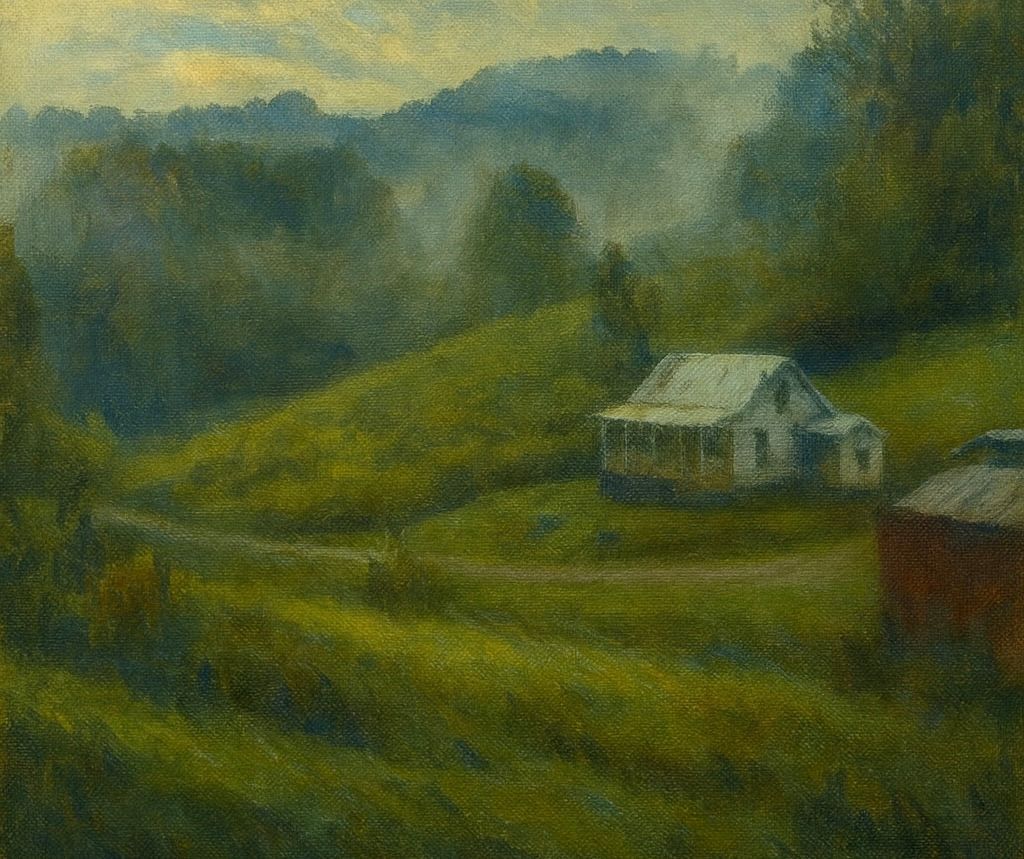 A rural scene with a white house, red barn, and green rolling hills shrouded in morning mist.